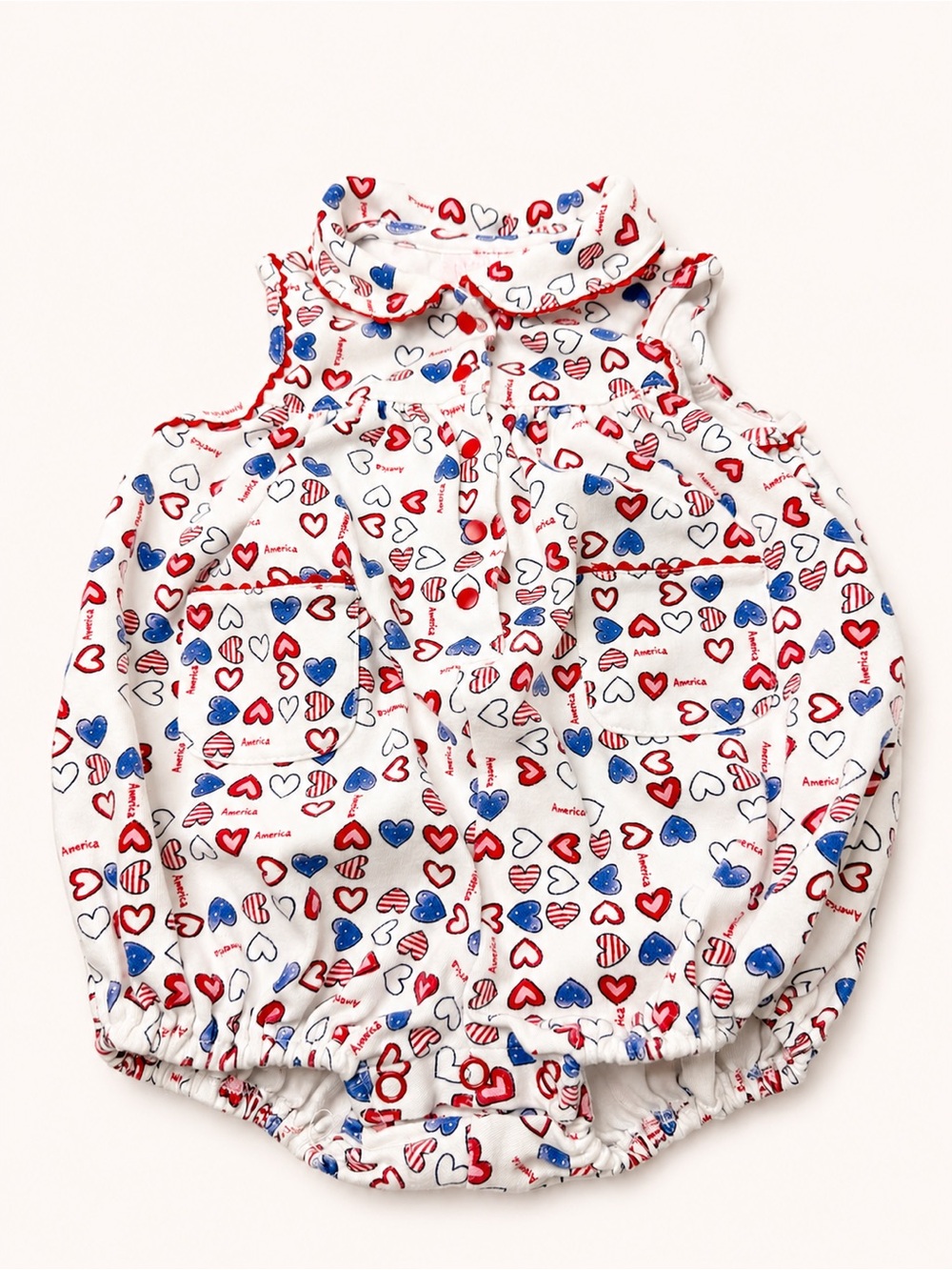 Vintage All Mine Sleeveless Heart-Print Baby Bubble  in White, Red & Blue